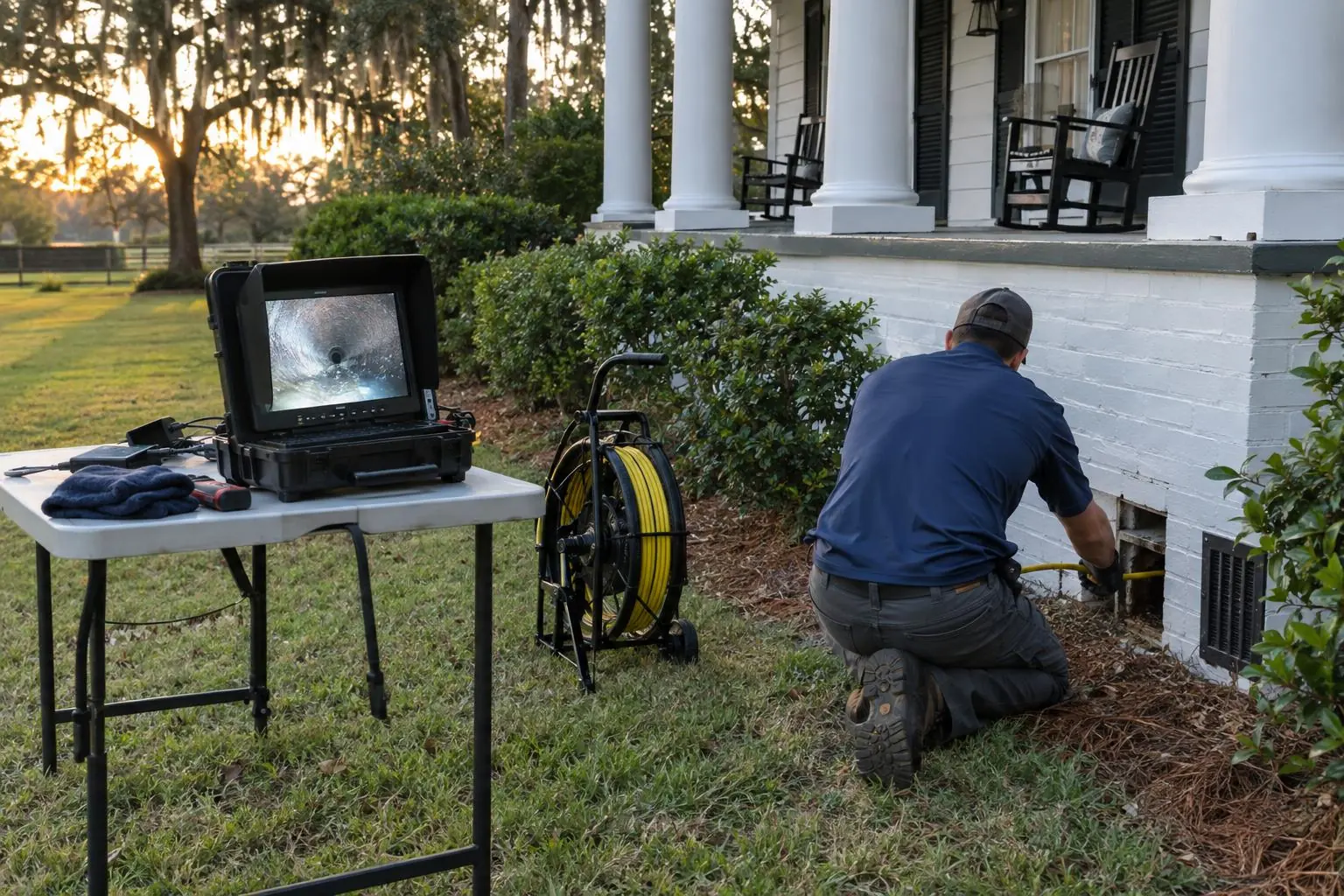 A technician kneeling at a foundation vent with a camera reel, and a field monitor showing the pipe interior on a folding table